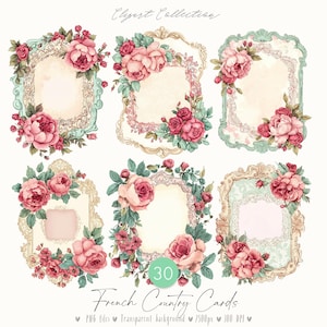 Cartões de campo franceses 30 clipart: bordas digitais estilo vitoriano, molduras rústicas de madeira, chique gasto, kit de scrapbook coquete, itens efêmeros pastéis
