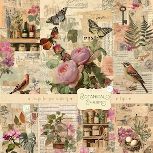 Botanique 160 images : pages de collage aquarelle, cottagecore, nature, éphémères imprimables vintage rustique, téléchargement numérique