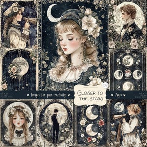 Dichter bij de sterren 120 afbeeldingen: DIGITAL Celestial Junk Journal Pages, maanstanden, Dark Academia, astrologie clipart, afdrukbare efemere verschijnselen