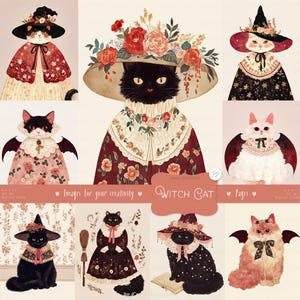 Witch Cat 32 Bilder / Seiten: Aquarell Halloween Clipart, Schwarze Katze, Vampir, Spooky, Karten, Printable Scrapbook Ephemera, DIGITAL Download