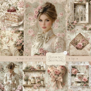 Fleur de nostalgie 185 images : pages de journal shabby chic numériques, éphémères victoriennes vintage, papier de scrapbooking imprimable, rose bleu pastel