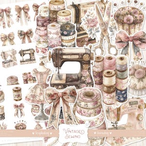 May include: Vintage sewing themed scrapbook paper featuring images of sewing machines, spools of thread, ribbons, and floral accents. The paper is designed for scrapbooking and journaling.