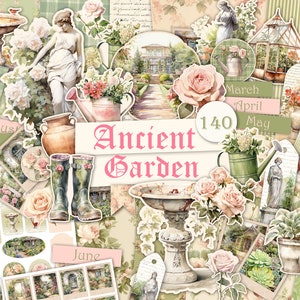 Ancient Garden - kit de carnet numérique pour scrapbooking et scrapbooking - ensemble d'éphémères - papier de scrapbooking - cartes - étiquettes - objets découpés - autocollants - kit d'agenda