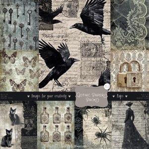 May include: A collage of gothic-themed digital papers. The papers feature keys, ravens, butterflies, locks, cats, potion bottles, spiders, and a woman in a long dress. The text reads "Gothic Papers Pack" and "Images for your creativity."