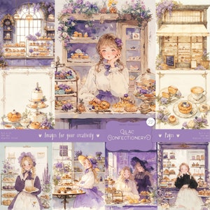 Lila zoetwaren 32 afbeeldingen/pagina's: aquarel bakkerij clipart, Frans café, patisserie, afdrukbare plakboek kortstondige, digitale download
