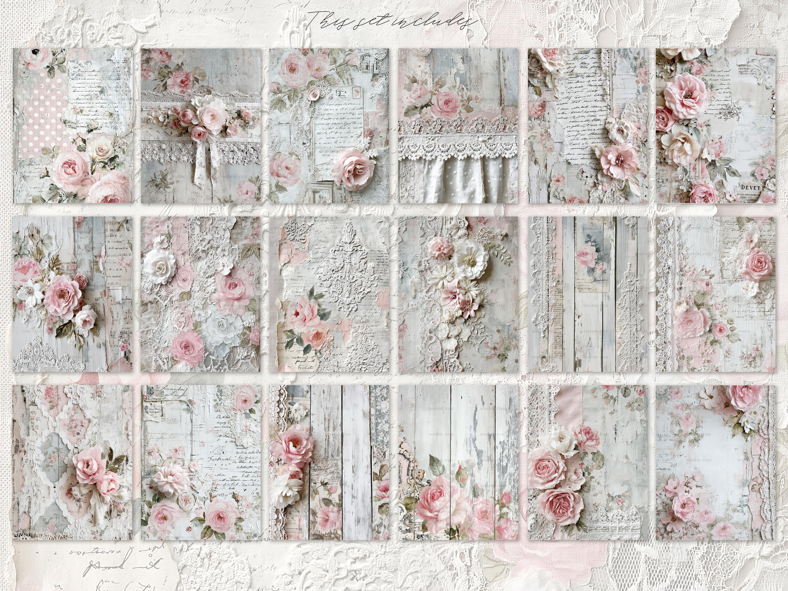 Shabby Chic Kit, Junk Journal Pages: Vintage Background, Delicate ...