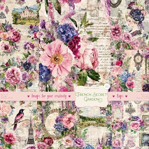 80 images d'arrière-plans de jardin secret à la française : pages victoriennes vintage, papier shabby chic, texture vieillie, téléchargement numérique éphémère imprimable
