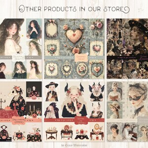 Op de afbeelding: Een verzameling aquarel illustraties met gotische en fantasiethema's. Het kunstwerk bevat portretten van vrouwen, decoratieve harten en Halloween-sc&egrave;nes. Tekst bevat "Other Products in Our Store" en "Gothic Academy".