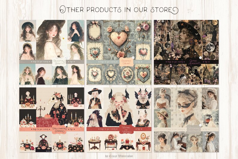 Op de afbeelding: Een verzameling aquarel illustraties met gotische en fantasiethema's. Het kunstwerk bevat portretten van vrouwen, decoratieve harten en Halloween-sc&egrave;nes. Tekst bevat "Other Products in Our Store" en "Gothic Academy".