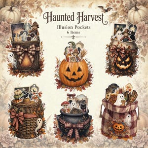 May include: A collection of six Haunted Harvest Illusion Pockets featuring decorative containers like a wicker basket, a cauldron, and a pumpkin, adorned with autumn leaves, ghosts, scarecrows, and plaid bows, with the text Haunted Harvest Illusion Pockets 6 Items.