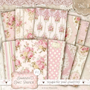 May include: A collection of 40 sheets of Shabby Chic paper with floral and lace patterns in pink, cream, and white. The paper is designed for creative projects. The image includes the text "Images for your creativity".