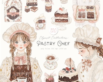 May include: A set of 120 digital illustrations of pastry chef themed clipart. The clipart includes images of cakes, cupcakes, pastries, and other desserts. The clipart is perfect for use in scrapbooking, card making, and other craft projects.
