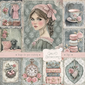 Girly-slaapkamer 133 afbeeldingen: DIGITALE plakboekpagina's, Shabby Chic Junk Journal Kit, vintage roze blauw, vrouwelijk, romantische afdrukbare achtergrond