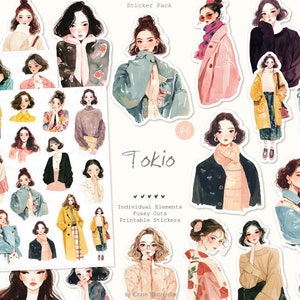 Tokio aquarel pietluttige snijwonden: schattige Aziatische meisjes, mooie jonge vrouwen, mode, clipart, plakboek ephemera, planner stickerpakket, digitaal