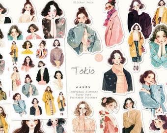 Tokio Watercolor Fashion Girl Stickers: Scrapbook Clipart (Digital Download)