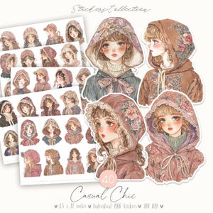 Casual Chic 40 Fussy Schnitte: Aquarell Mode Frauen, Anime style, Damen Aufkleber, nette Frauen, Violett, Printable Scrapbook Ephemera, DIGITAL