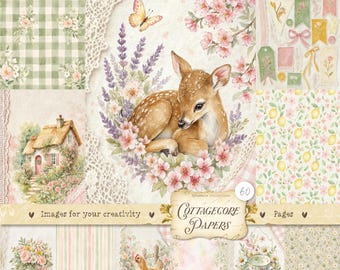 May include: A digital collage sheet titled Cottagecore Papers featuring a fawn surrounded by lavender and cherry blossoms, a cottage, a hen with chicks, floral patterns, gingham, lemons, and decorative tags in soft pastel colors and lace textures.