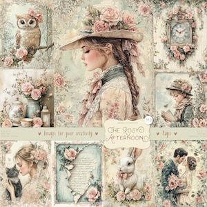 La tarde rosada 190 imágenes: páginas de álbum de recortes digitales, imágenes prediseñadas románticas vintage, kit de diario Shabby Chic, acuarela floral pastel