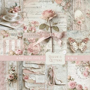 Könnte beinhalten: Eine Collage von Bildern im Vintage-Stil mit einer weichen, romantischen Ästhetik. Enthält eine Teetasse mit Blumen, eine Rose mit rosa Schleife, einen Schmetterling und florale Muster. Der Text "Rozzie's Letters" ist sichtbar.