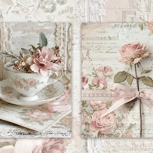 May include: A vintage-style composition featuring a teacup filled with pink flowers, a saucer, and a floral card. A sheet of music with a pink rose and ribbon is also present, all in soft, muted tones.