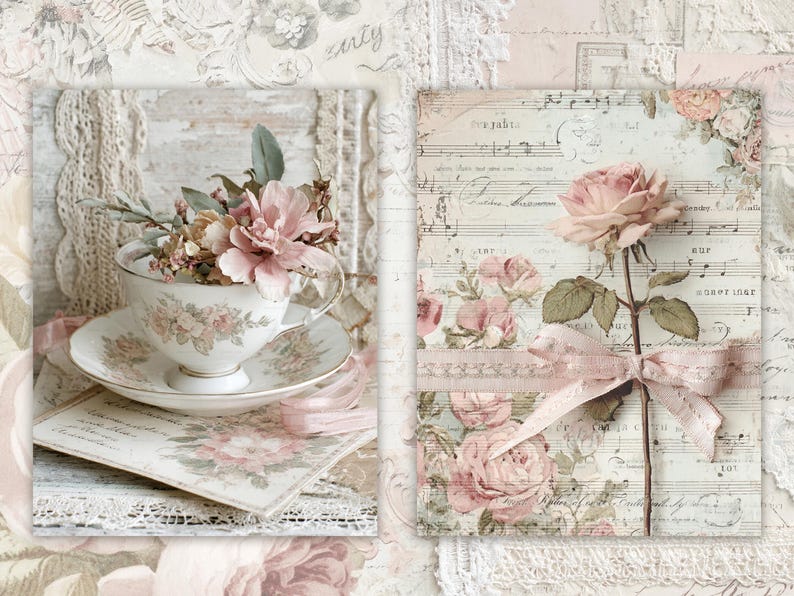 May include: A vintage-style composition featuring a teacup filled with pink flowers, a saucer, and a floral card. A sheet of music with a pink rose and ribbon is also present, all in soft, muted tones.