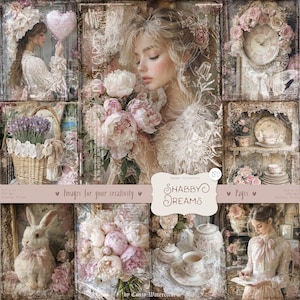 Shabby Dreams 130 afbeeldingen: DIGITALE Shabby Chic-dagboekpagina's, vintage Victoriaanse ephemera, afdrukbaar plakboekpapier, roze pastelblauw