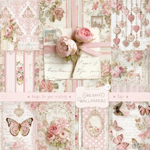 May include: A collage of patterned paper sheets in soft pink and cream tones, featuring floral and damask designs. The image includes roses, butterflies, and vintage script, with the text "Dreamy Wallpapers".