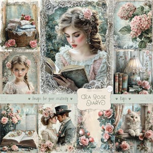 Dziennik Tea Rose 230 zdjęć: CYFROWE strony dziennika Shabby Chic, zabytkowe wiktoriańskie pamiątki, papier do scrapbookingu do druku, różowy pastelowy błękit