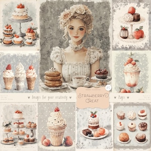 Strawberry Treat 45 afbeeldingen/pagina's: aquarel vintage cake clipart, Frans café, banketbakkerij afdrukbare plakboek ephemera, digitale download