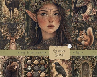 May include: A digital collage of images featuring a forest scene with a female elf, a wolf, a deer, a squirrel, a dragon, a crow, a bear, a set of stones with symbols, and a wooden door. The collage is titled "Elvish Song" and is part of the "Images Collection" by "Crazy Watercolor".
