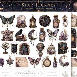 May include: A digital junk journal kit titled "Star Journey" featuring watercolor illustrations of celestial and fantasy elements. Includes moons, butterflies, clocks, bottles, keys, and a carousel, all in shades of purple, blue, and gold.