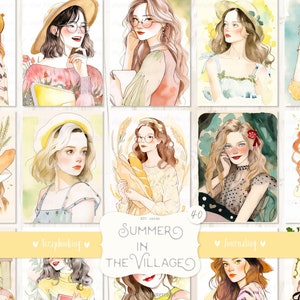 Tarjetas ATC de acuarela de Verano en el Pueblo: Mujeres jóvenes hermosas y modernas, páginas de diario basura, efímeras de álbumes de recortes, pegatinas de planificador, DIGITAL