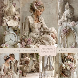 Puede incluir: Un collage de imágenes con un tema vintage y romántico. Incluye una mujer con un vestido floral, un gallo, un gato, un reloj, una bicicleta y arreglos florales. La paleta de colores es suave, con tonos apagados.