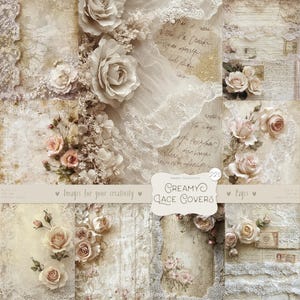 La dentelle crémeuse couvre 220 images : papier shabby chic, fond en tissu, rubans blancs et roses, album imprimable éphémère téléchargement numérique