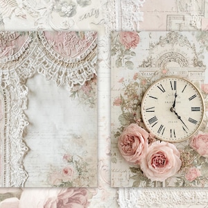 May include: Two vintage-style art prints. One features a clock with Roman numerals and pink roses. The other has a lace design with a floral and script background. The color palette includes soft pinks, creams, and whites.