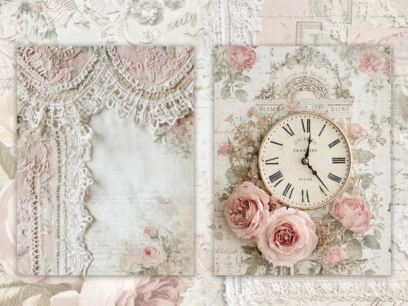 May include: Two vintage-style art prints. One features a clock with Roman numerals and pink roses. The other has a lace design with a floral and script background. The color palette includes soft pinks, creams, and whites.