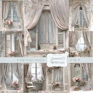 May include: A collage of vintage-style window images. The windows feature soft, flowing curtains in cream and beige, with delicate lace accents. Each window is adorned with floral arrangements and antique shutters, creating a romantic, shabby chic aesthetic.
