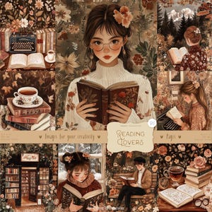 Reading Lovers 80 digitale pagina's, gezellig boek esthetiek, vintage bibliotheekdecor, aquarelboeken, boekenwurm clipart, afdrukbare dagboek kit