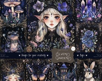 May include: A digital paper pack with a whimsical, magical theme. The images feature a fairy, a frog, a butterfly, a rabbit, mushrooms, crystals, and a house. The images are in a dark blue and gold colour scheme.
