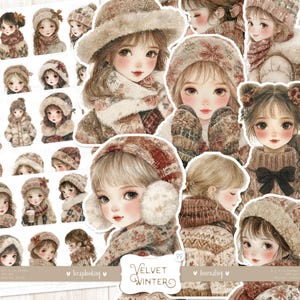 Velvet Winter 88 Fussy Cuts: DIGITAL Stickers, Cozy Fashion Winter Girls, Christmas Scrapbook Kit, Holiday Ephemera, Warm Pastel Clipart