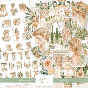 Miti antichi Fussy Cuts: adesivi acquerello mitologia greca, scultura romana, vasi, Grecia antica, effimeri olive, download DIGITALE