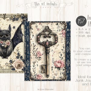 Op de afbeelding: Digitale kunstset met illustraties van vleermuizen en sleutels, ideaal voor junk journals. De set bevat 157 JPEG-bestanden, 21,6 x 27,9 cm, 300 dpi, hoge kwaliteit. Met bloemen en vintage elementen.