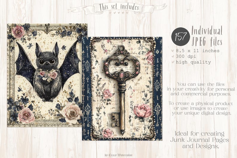 Op de afbeelding: Digitale kunstset met illustraties van vleermuizen en sleutels, ideaal voor junk journals. De set bevat 157 JPEG-bestanden, 21,6 x 27,9 cm, 300 dpi, hoge kwaliteit. Met bloemen en vintage elementen.