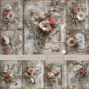Shabby Poetry 56 afbeeldingen: Shabby chic papier, stof, roze, kanten achtergrond, vintage pagina's, afdrukbaar plakboek Ephemera digitale download