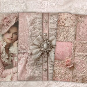 May include: A vintage-style image featuring a woman in a pink dress and hat, with lace and floral details. The image also shows a close-up of a pink and white lace design with a bow and brooch, and a patchwork of lace.