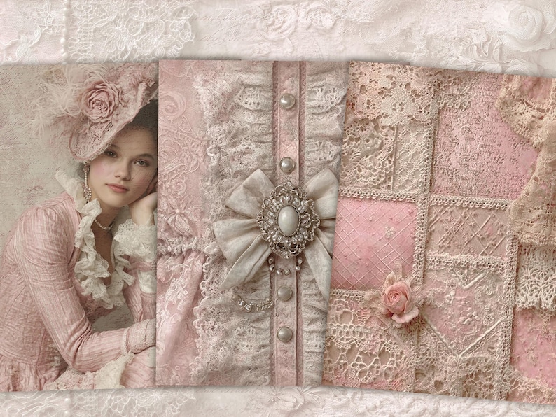May include: A vintage-style image featuring a woman in a pink dress and hat, with lace and floral details. The image also shows a close-up of a pink and white lace design with a bow and brooch, and a patchwork of lace.