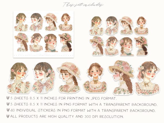 Eleanor Watercolor Girl Stickers: Anime Cottagecore Ephemera (Digital Download)