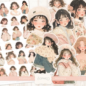 Sophie Fussy Cuts: Damas francesas en acuarela, pegatinas estilo anime, mujeres elegantes, rosa, efímera imprimible para álbum de recortes, descarga digital