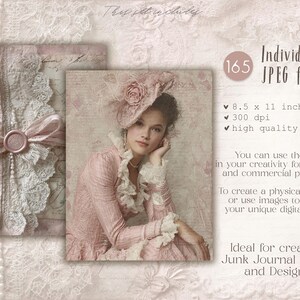 May include: Digital junk journal kit featuring a vintage aesthetic. The image includes a portrait of a woman in a pink dress and hat, and a journal with lace and a ribbon. The kit includes 165 JPEG files, 8.5 x 11 inches.