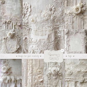 Può includere: Un collage di trame di pizzo bianco, con vari motivi, abbellimenti floreali e dettagli delicati. L'immagine include rose, perle e il testo "White Lace" e "Images for your creativity".